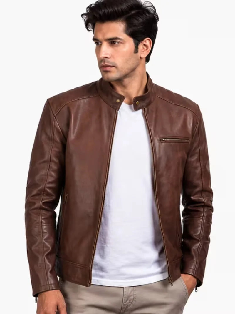 Men's Black Sheepskin Leather Jacket with Stand Collar