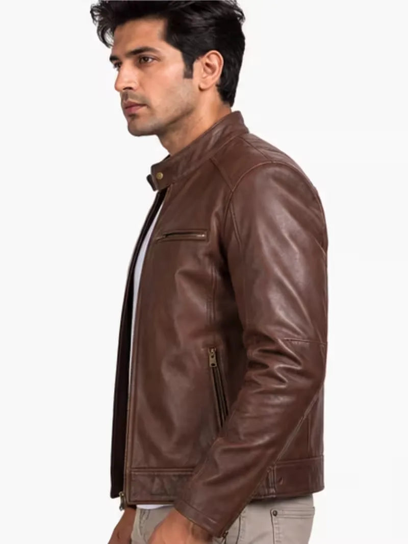 Men's black sheepskin leather jacket, pocket detail