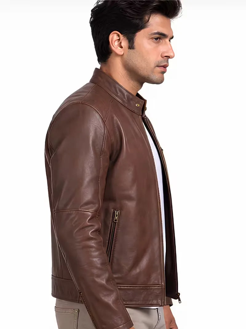 Men's black sheepskin leather jacket, lining detail