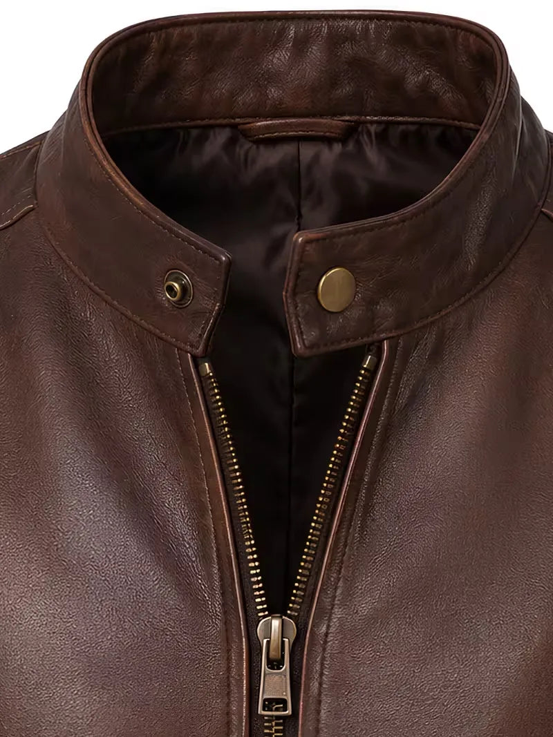Men's black sheepskin leather jacket, side view