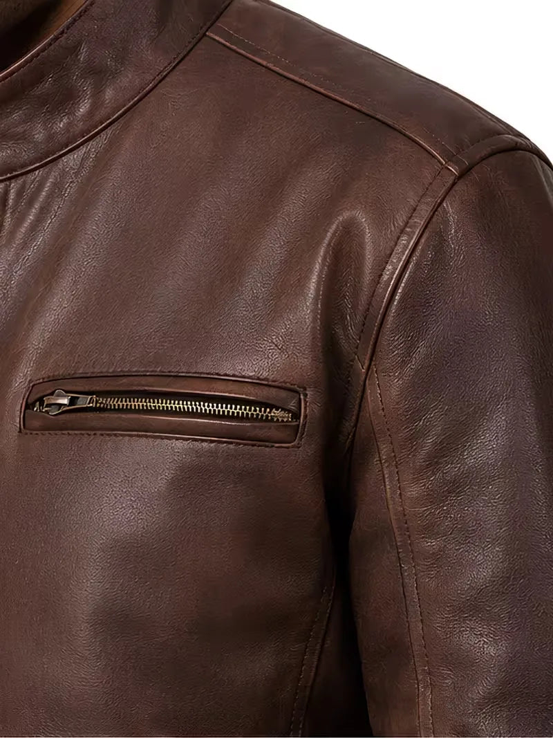 Men's black sheepskin leather jacket, collar detail