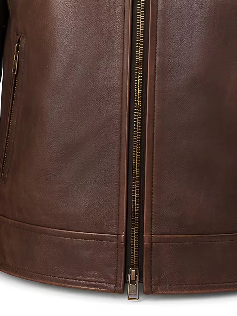 Men's black sheepskin leather jacket, zip and closure detail