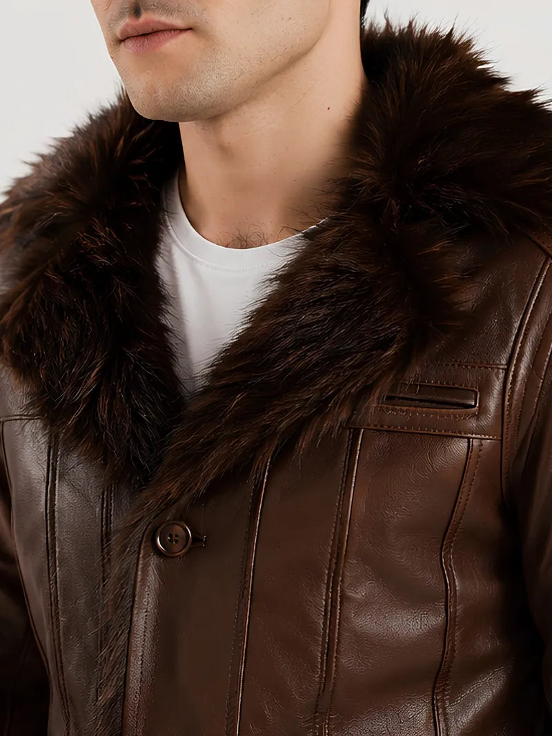 Men's black sheepskin leather coat, full length