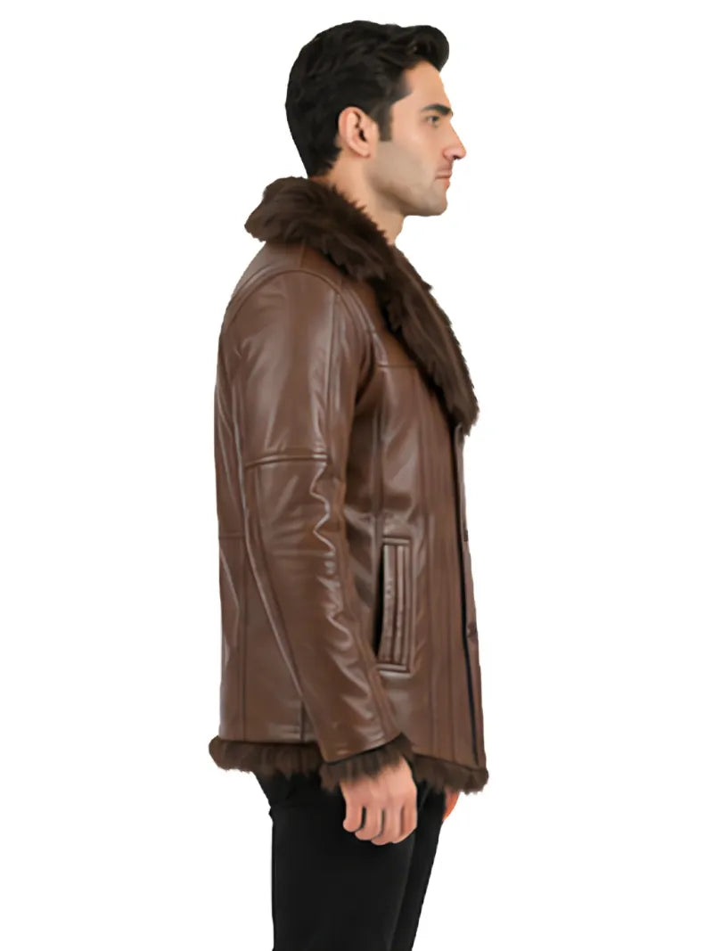 Men's black sheepskin leather coat, lining detail
