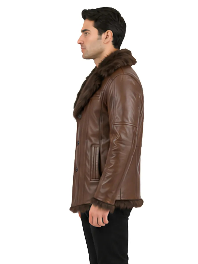 Men's black sheepskin leather coat, pocket detail