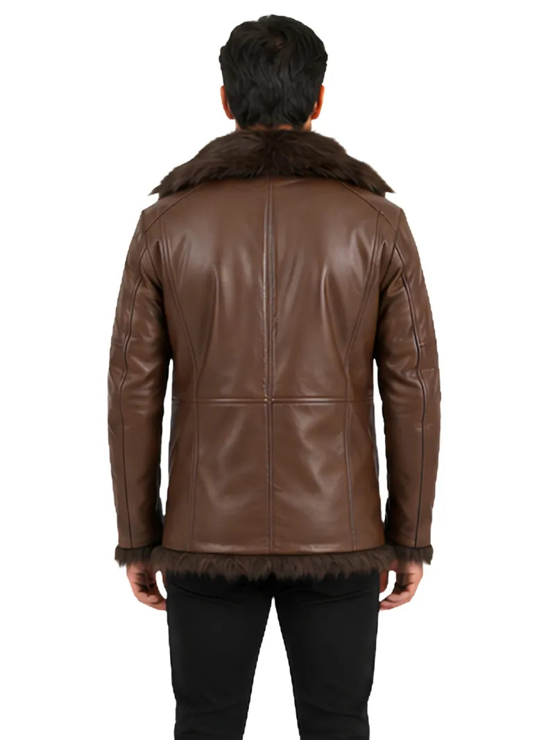 Men's black sheepskin leather coat, cuff detail
