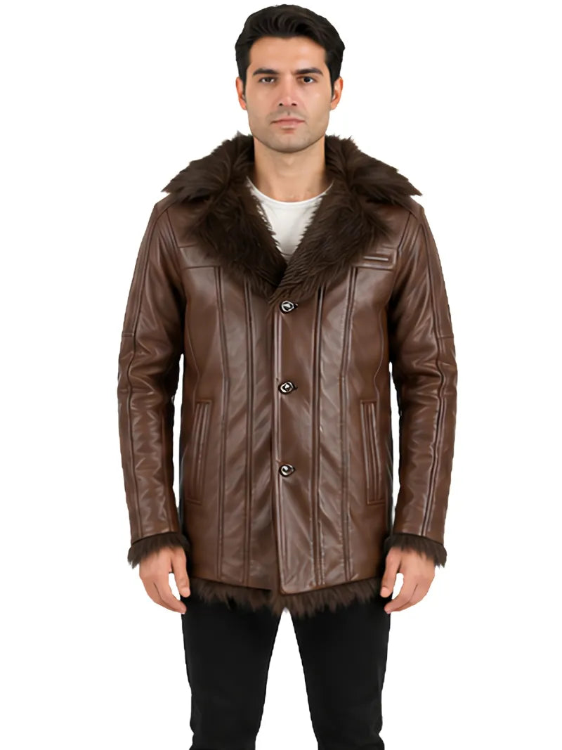 Men's black sheepskin leather coat, zip and closure detail