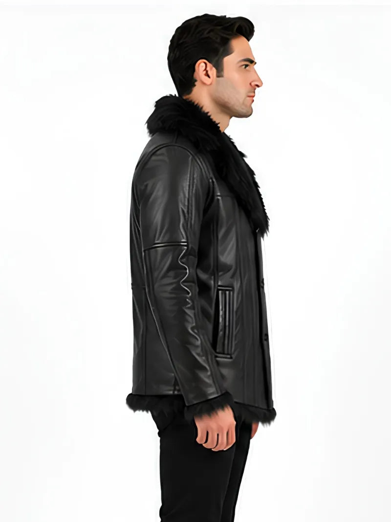 Men's black sheepskin leather coat, back view