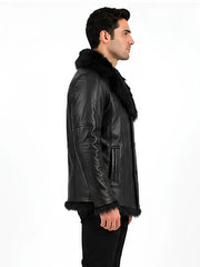 Men's black sheepskin leather coat, back view