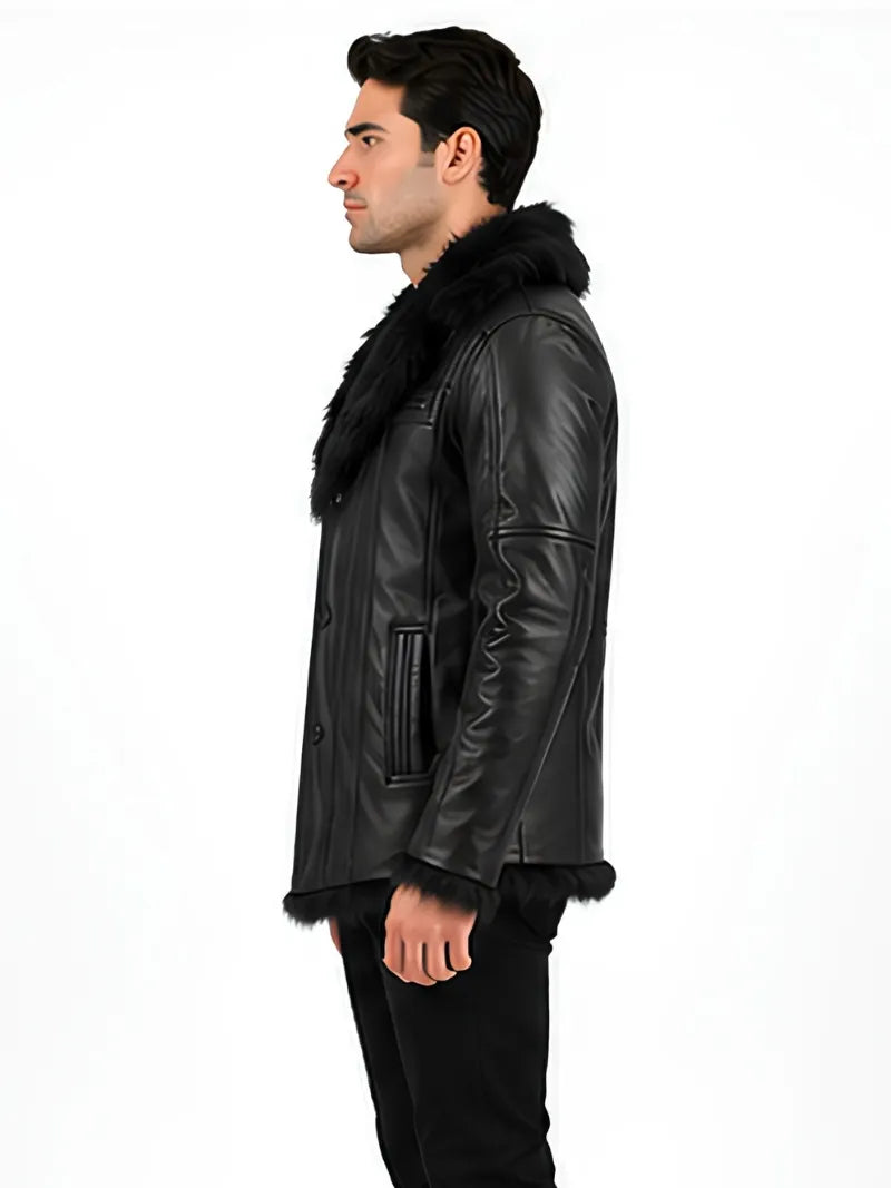 Men's black sheepskin leather coat, side view