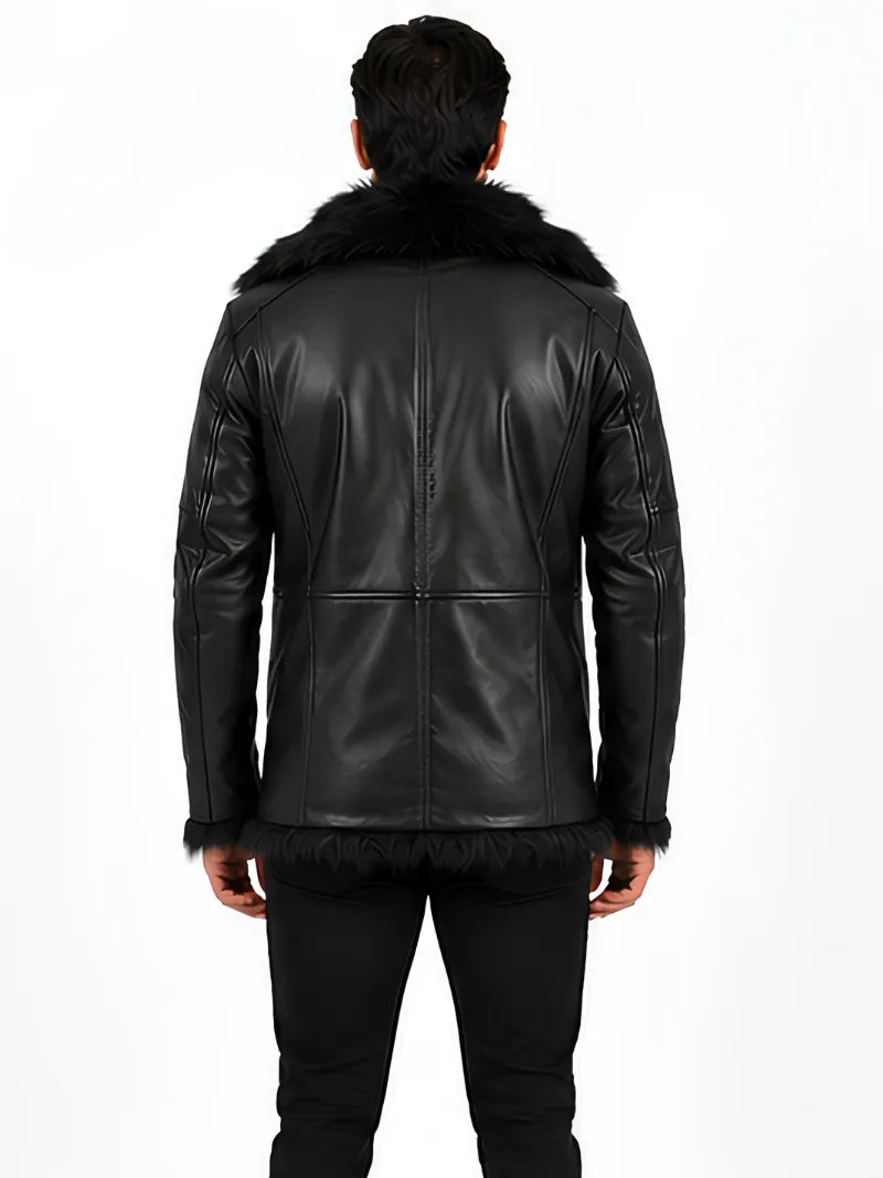 Men's black sheepskin leather coat, collar detail