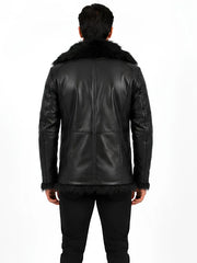 Men's black sheepskin leather coat, collar detail