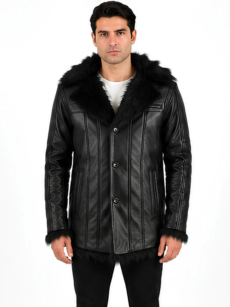 Men's black sheepskin leather coat, front view