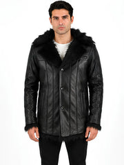 Men's black sheepskin leather coat, front view