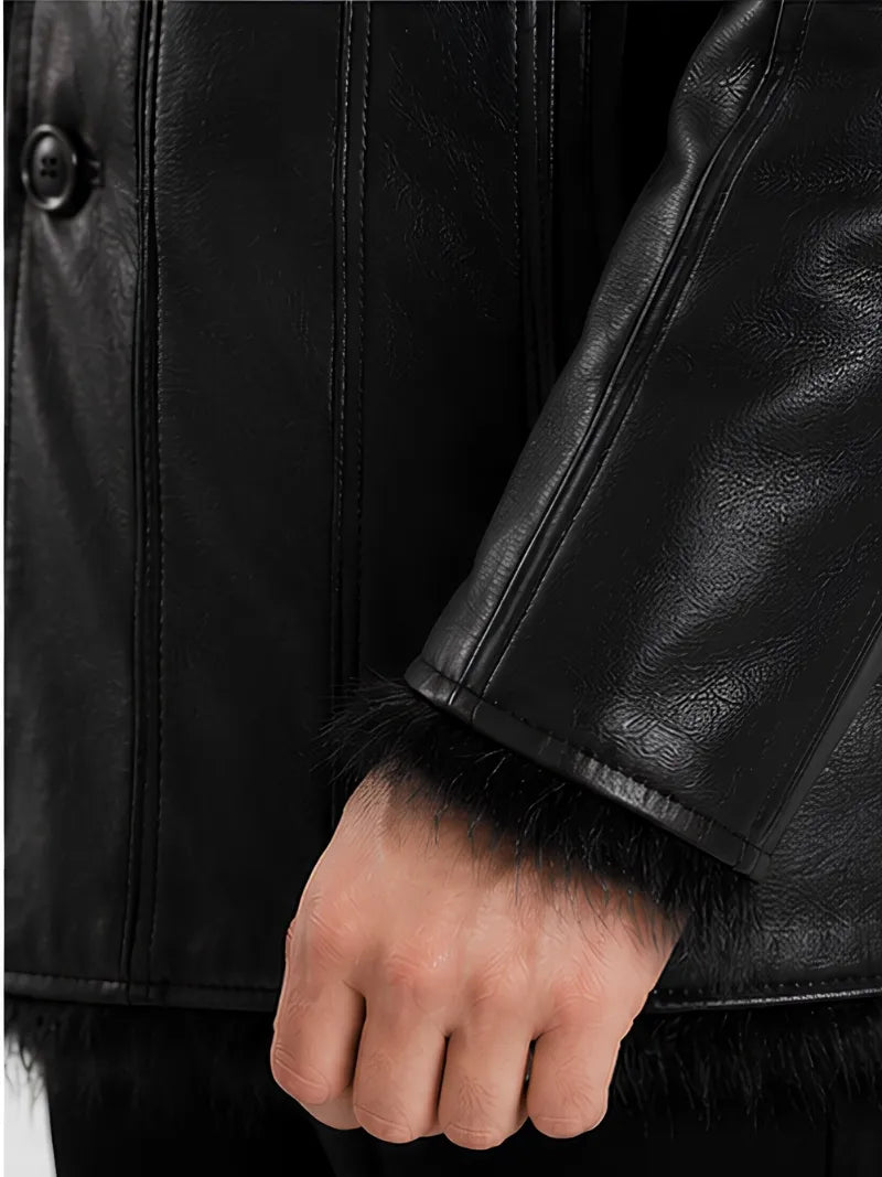 Men's black sheepskin leather coat, collar detail