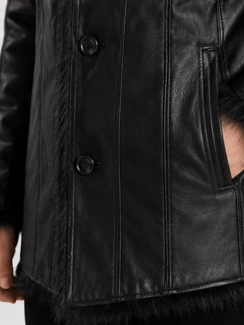 Men's black sheepskin leather coat, side view