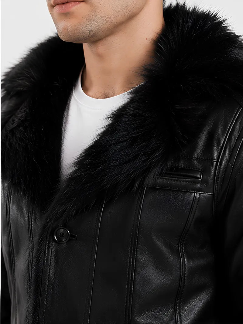 Men's black sheepskin leather coat, back view