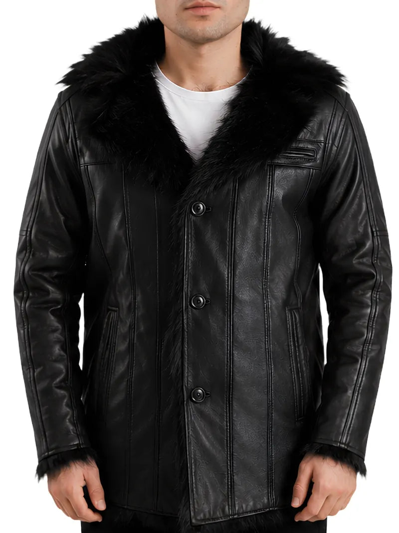 Men's black sheepskin leather coat, front view