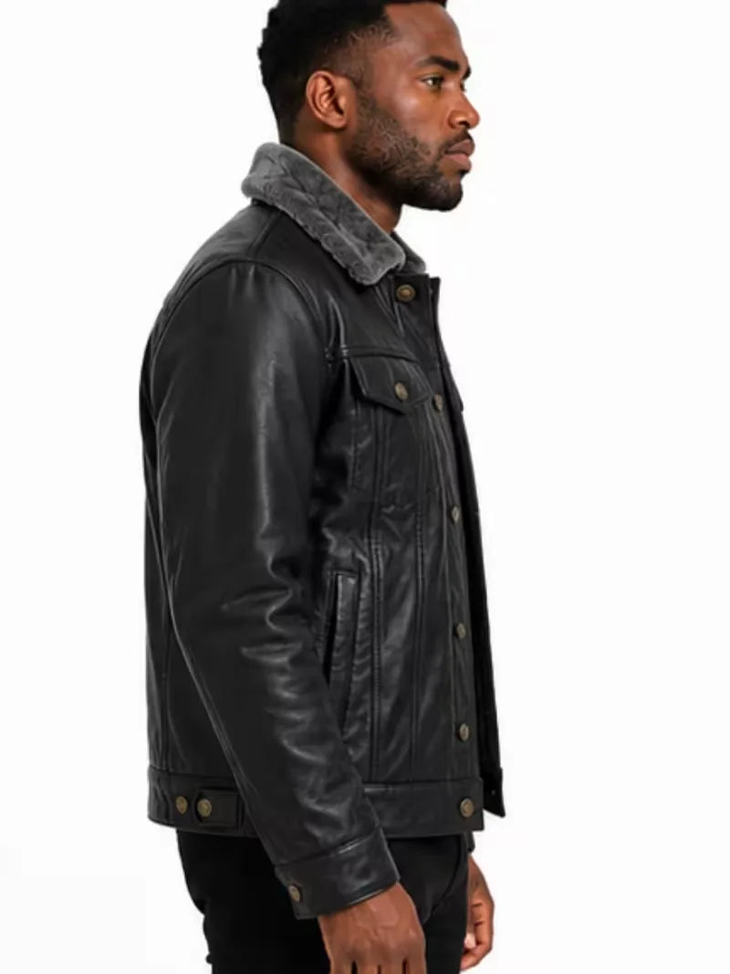 Men's black shearling leather jacket, side view