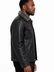 Men's black shearling leather jacket, side view