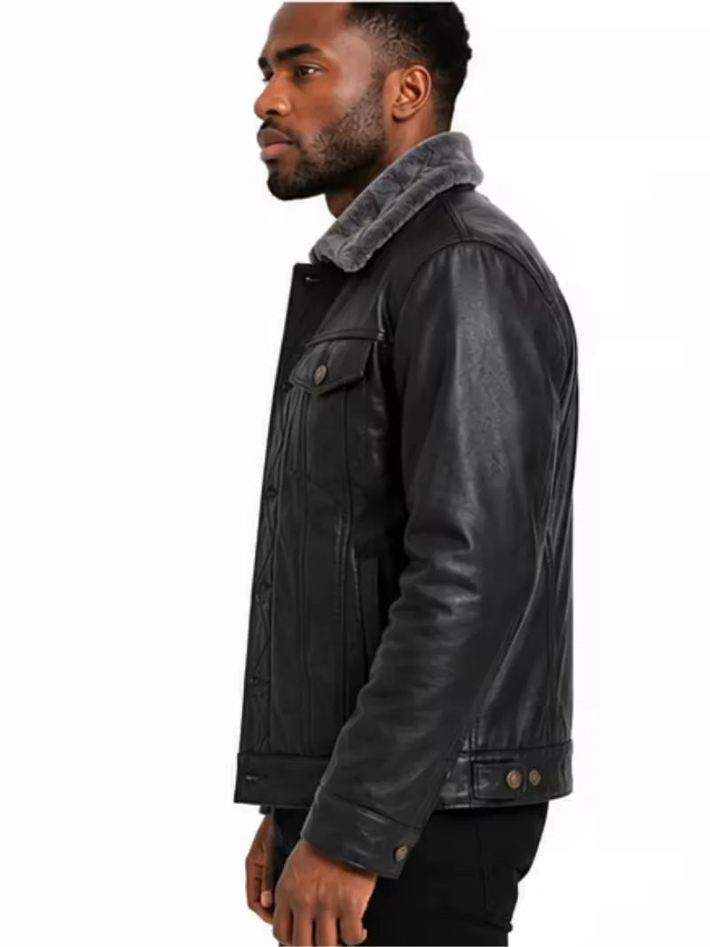 Men's black shearling leather jacket, collar detail