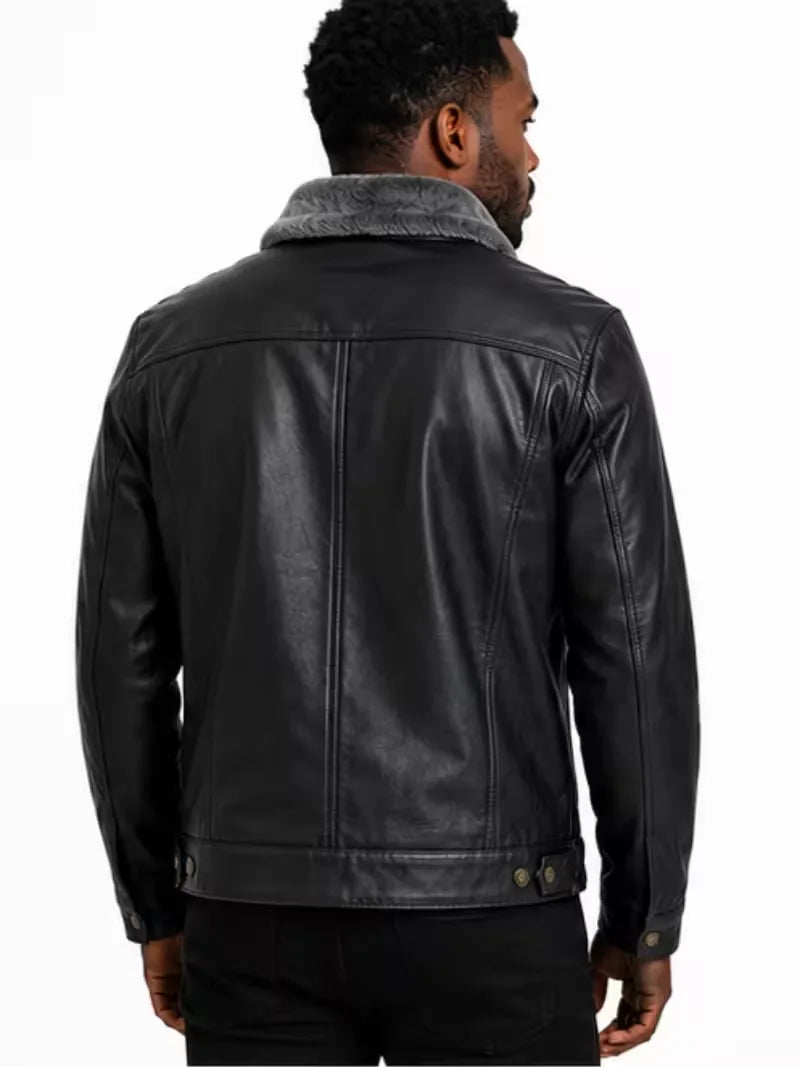 Men's black shearling leather jacket, back view