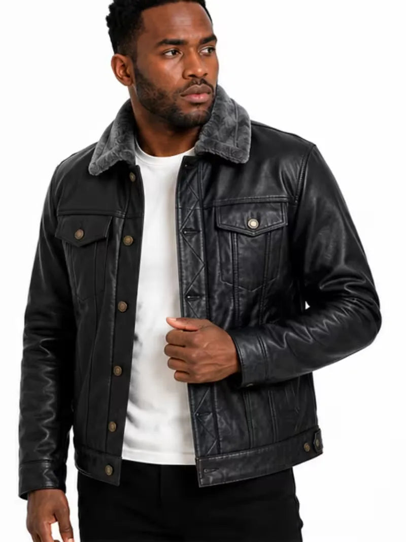 Men's black shearling leather jacket, front view