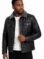 Men's black shearling leather jacket, front view