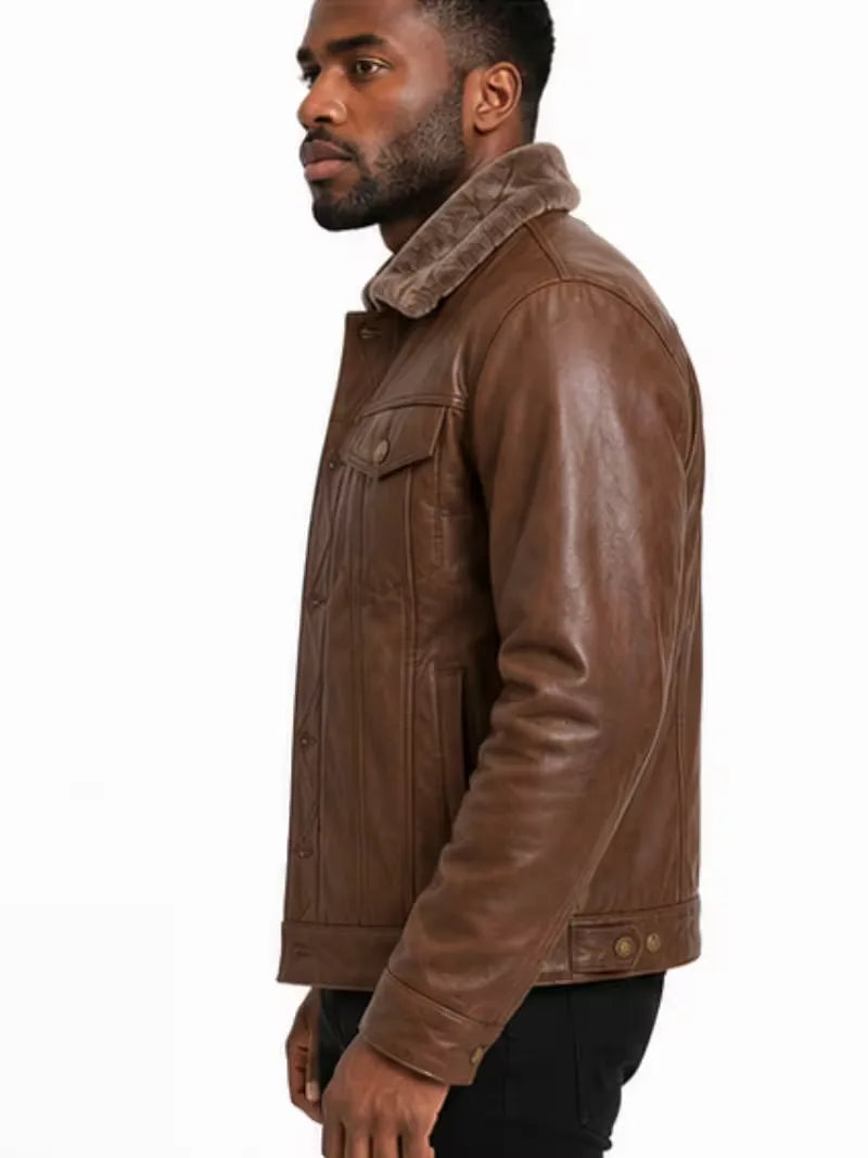 Men's black shearling leather jacket, pocket detail