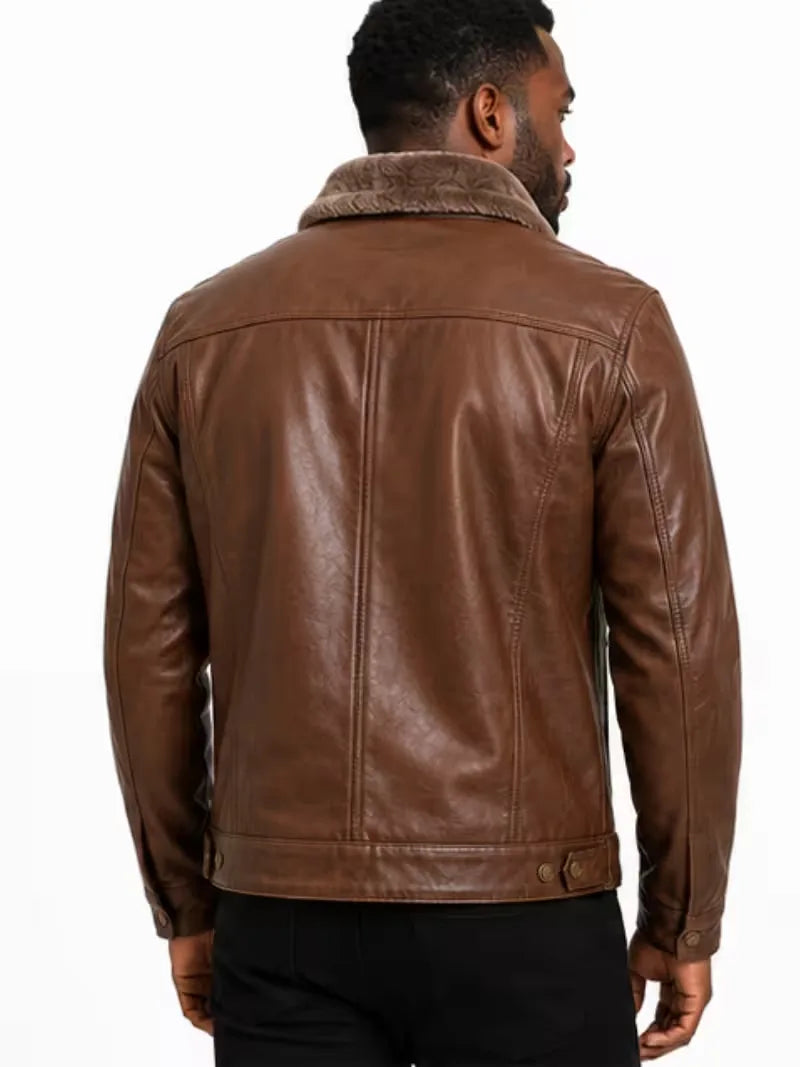 Men's black shearling leather jacket, cuff detail
