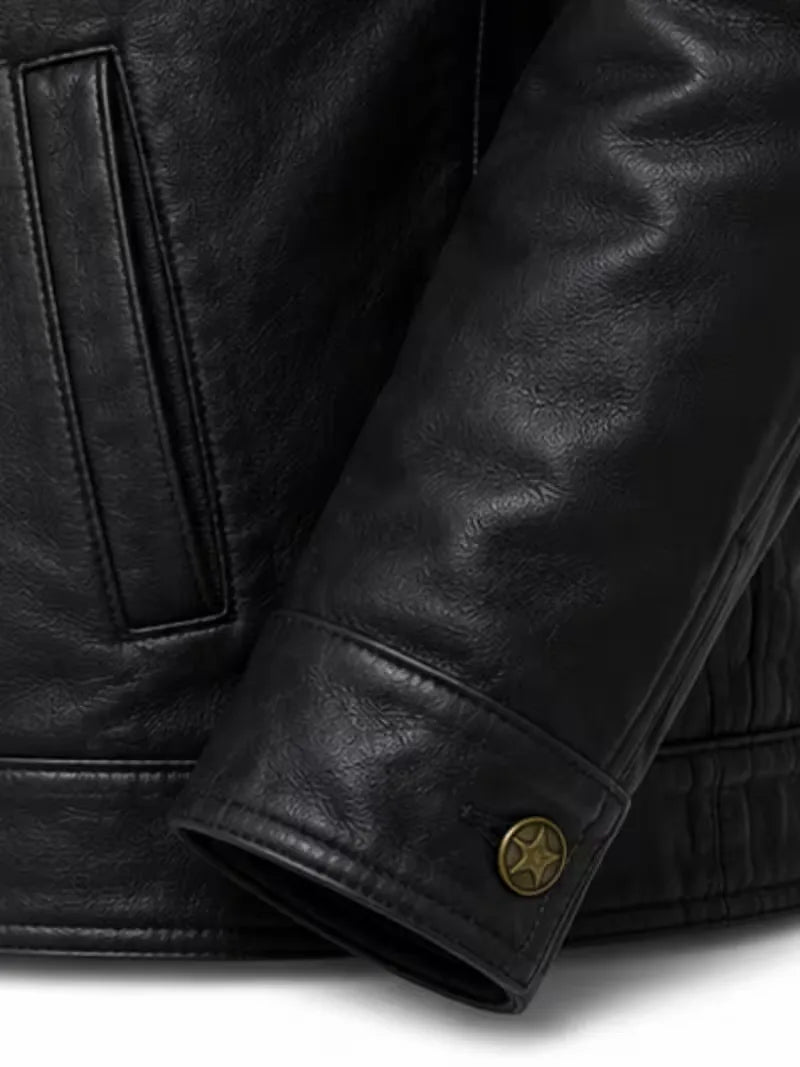 Men's black shearling leather jacket, collar detail