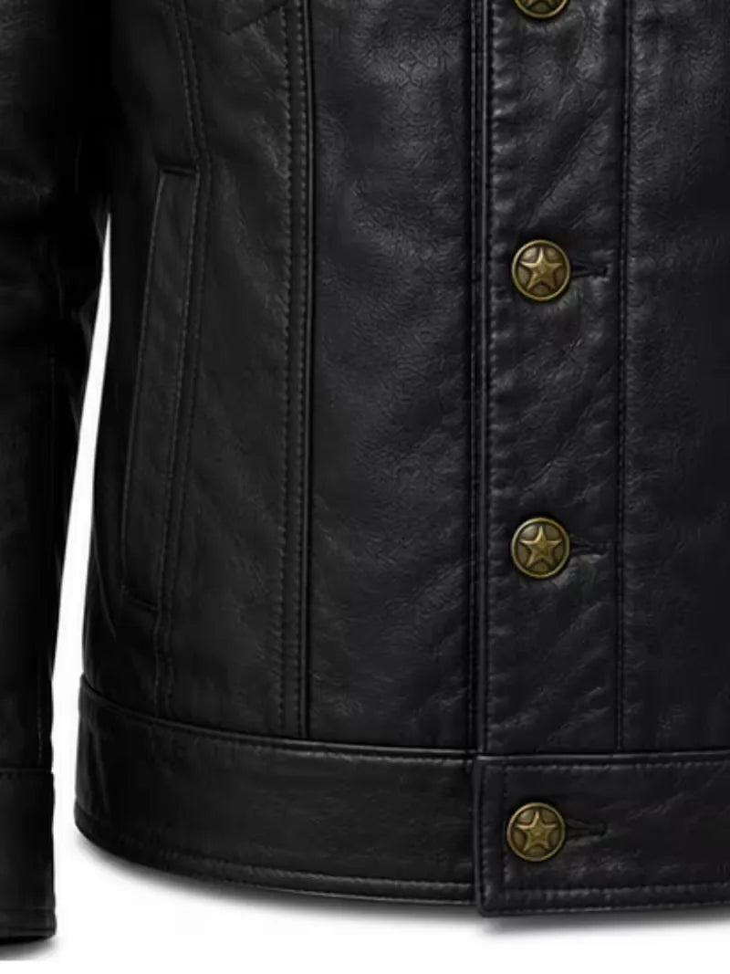 Men's black shearling leather jacket, side view