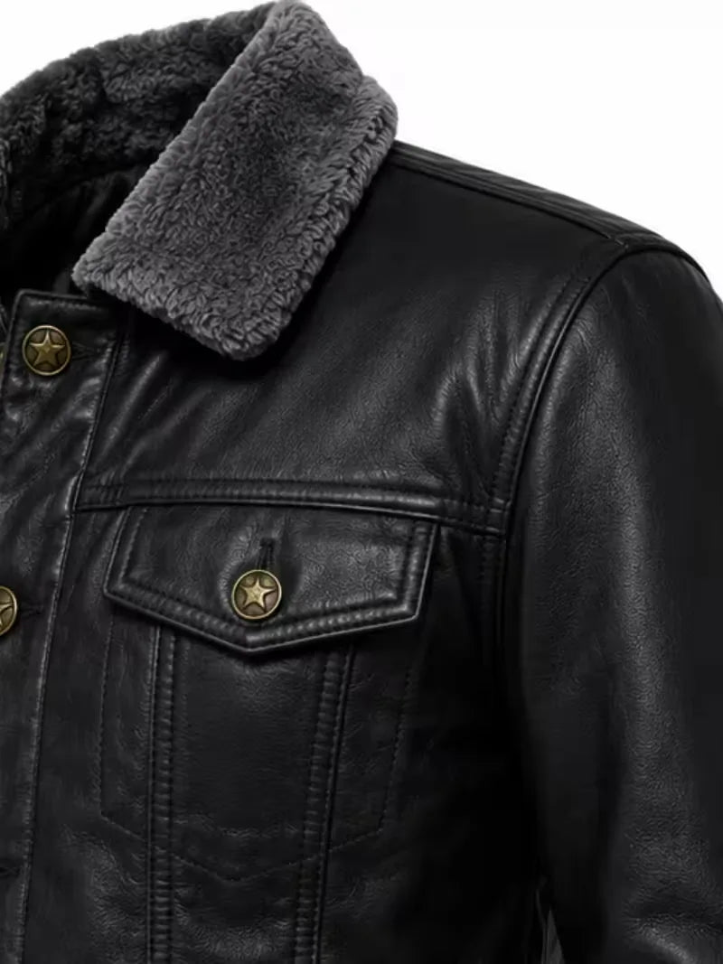 Men's black shearling leather jacket, zip and closure detail
