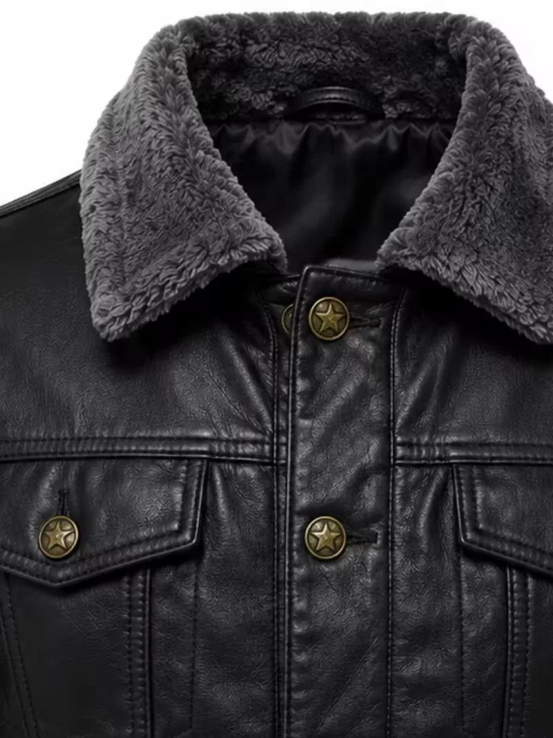 Men's black shearling leather jacket, back view