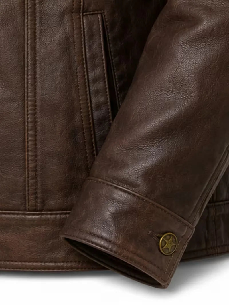 Men's black shearling leather jacket, full length