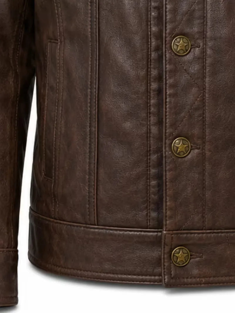 Men's black shearling leather jacket, worn on model