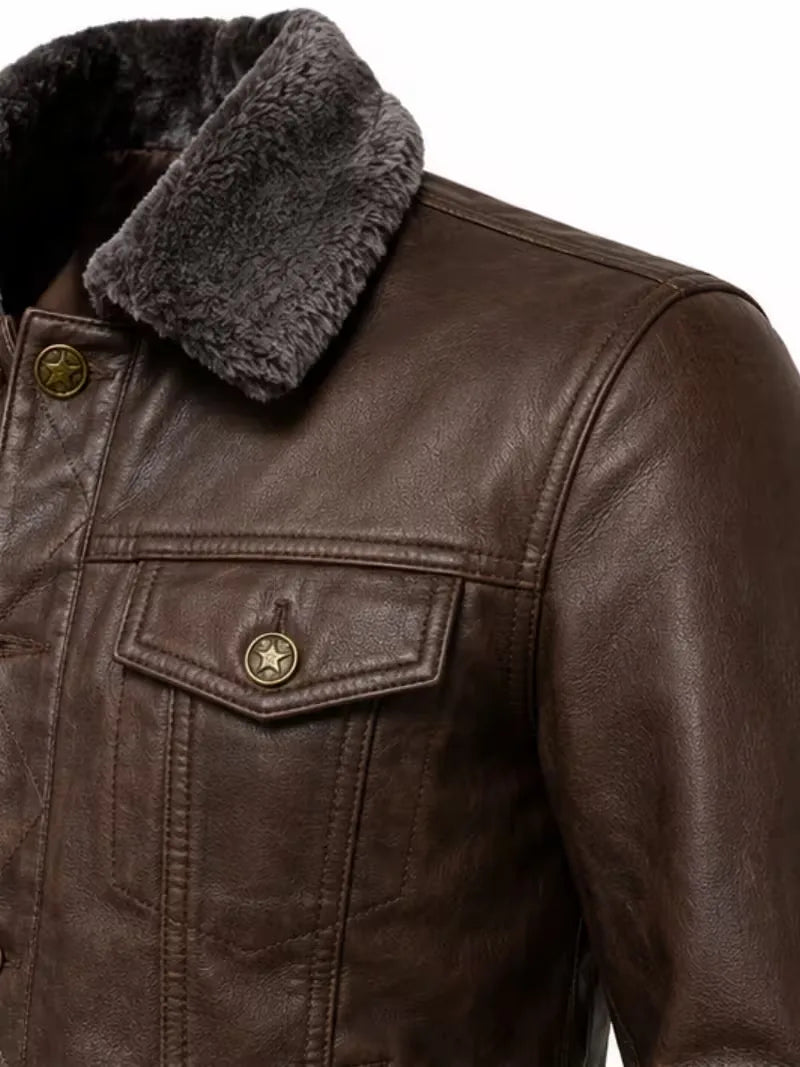 Men's black shearling leather jacket, front view