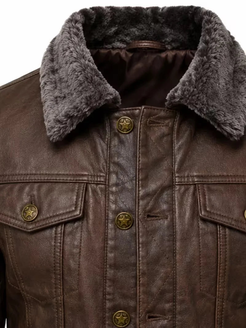Men's black shearling leather jacket, lining detail
