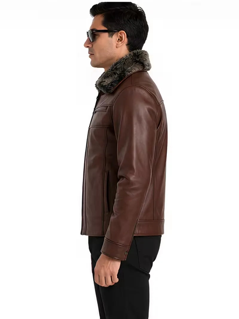 Men's brown shearling leather jacket, side view