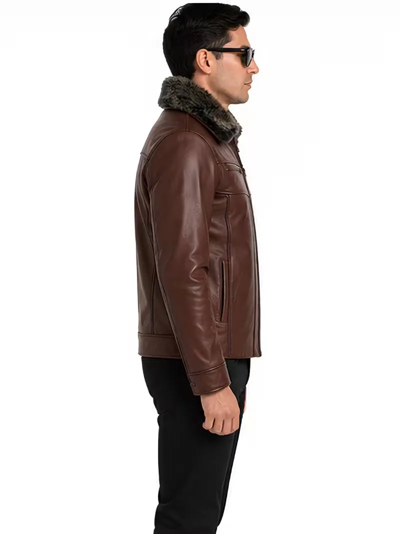 Men's brown shearling leather jacket, collar detail