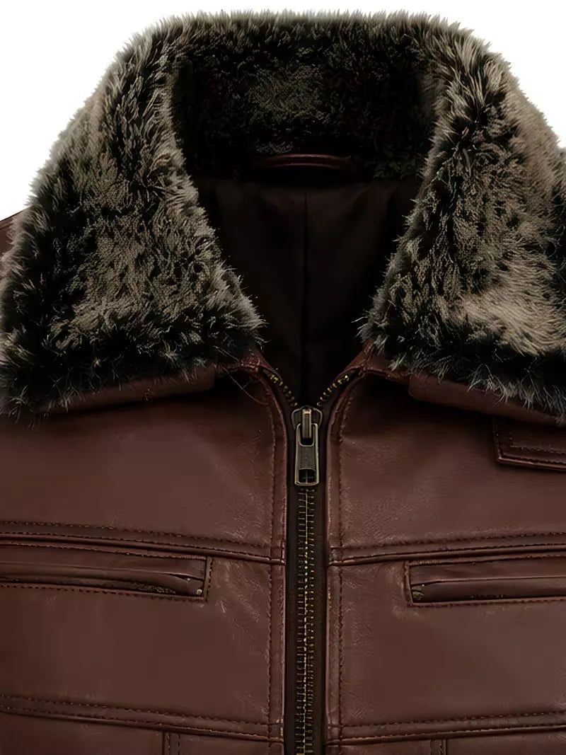 Men's brown shearling leather jacket, zip and closure detail