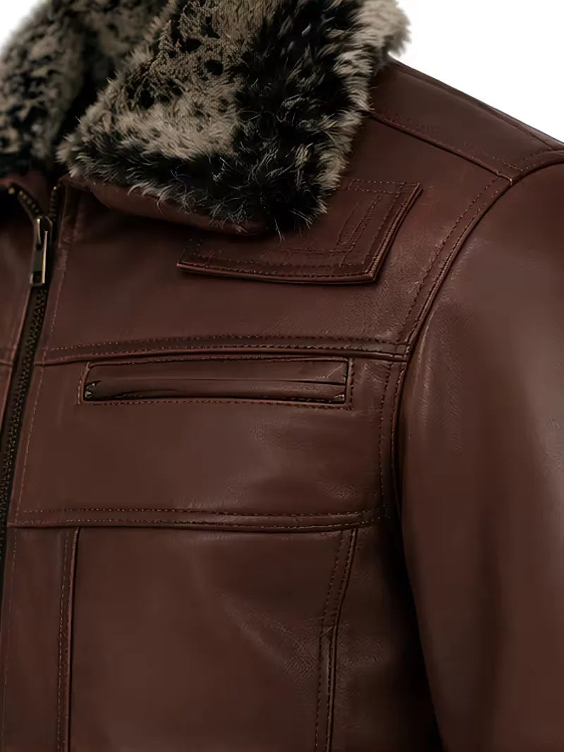 Men's brown shearling leather jacket, cuff detail