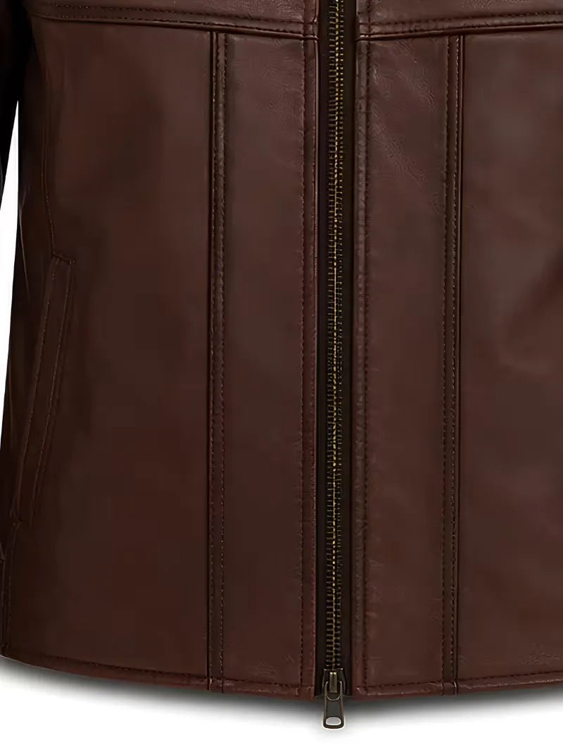 Men's brown shearling leather jacket, pocket detail