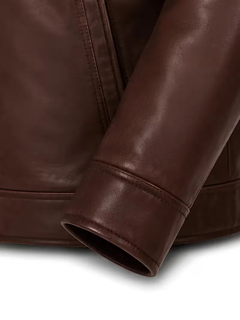 Men's brown shearling leather jacket, lining detail