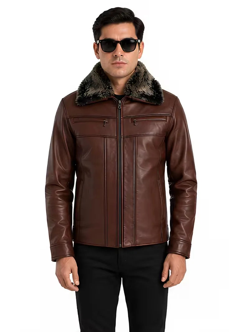 Men's brown shearling leather jacket, front view
