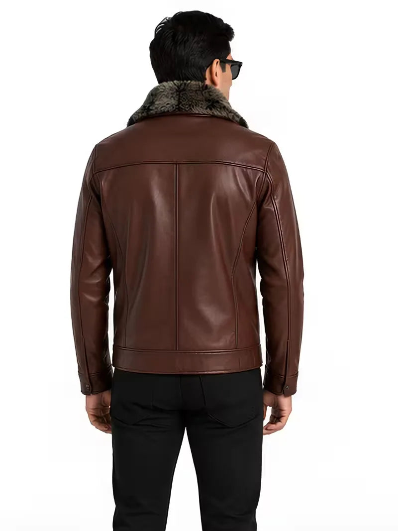 Men's brown shearling leather jacket, back view