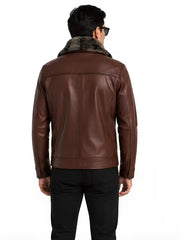 Men's brown shearling leather jacket, back view