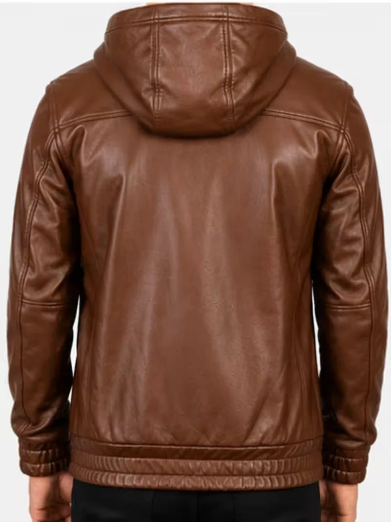 Men's black sheepskin leather hooded jacket, back view
