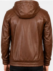 Men's black sheepskin leather hooded jacket, back view