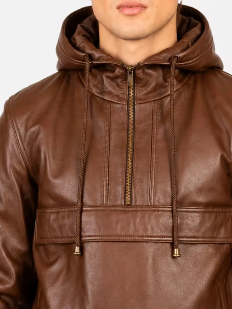 Men's black sheepskin leather hooded jacket, side view